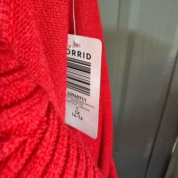 Torrid Pullover Off Shoulder Blouse Sweater Red Minimalist Longsleeve Size 1 - Picture 8 of 11